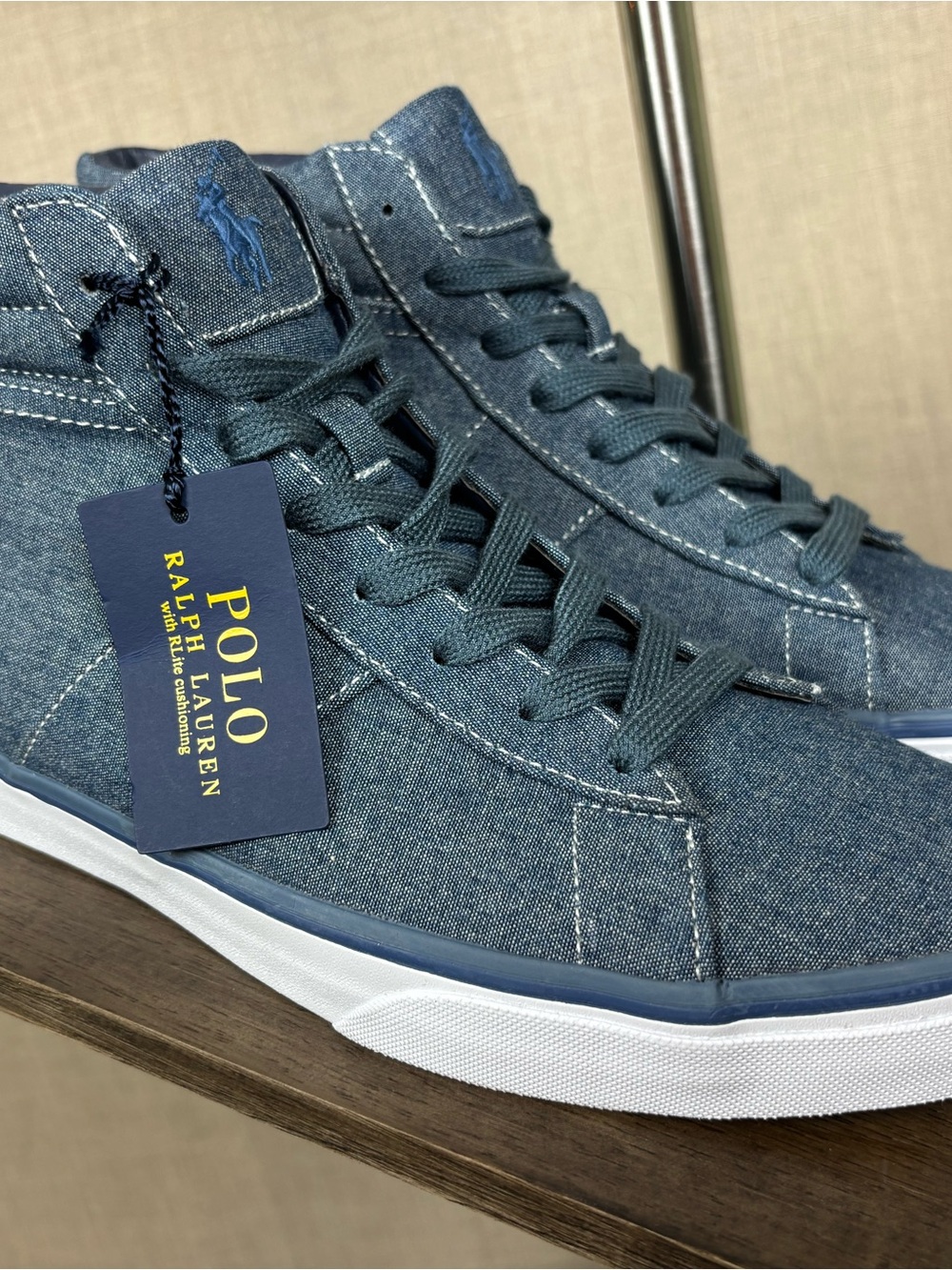 Polo Ralph Lauren Shaw Men’s 9.5D Indigo Blue Chambray High Top Sneakers NIB